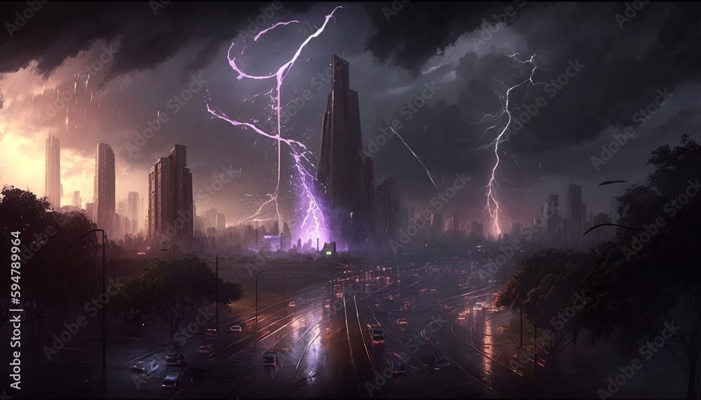 Wall mural mystical thunderstorm with huge lightning and dark clouds. generative ai