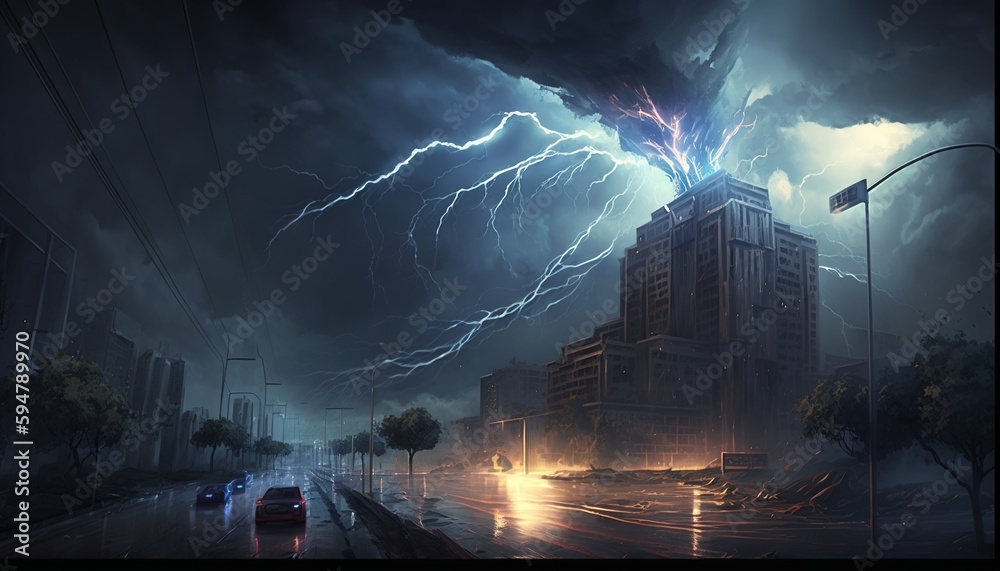 Wall mural mystical thunderstorm with huge lightning and dark clouds. generative ai