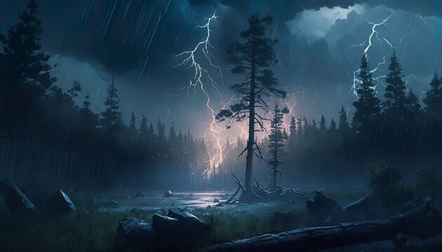 Mystical thunderstorm with huge lightning and dark clouds. Generative AI