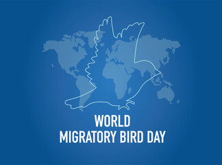 The concept of the World Migratory Bird Day. May 8. Vetor Illustration of a bird, isolated on a world map and blue background.