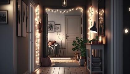 Fototapeta na wymiar Scandinavian interior style hallway with front door and strings of light. Generative AI