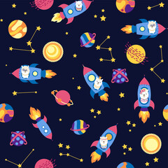Fototapeta premium Seamless pattern with lama in a rocket, in space. Lama travels, adventures among the stars. Cute pattern with alpaca