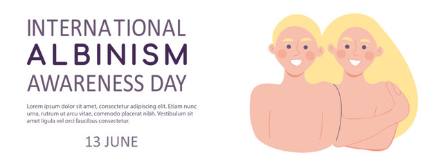 International Albinism awareness day. 13 June. Albino woman and man. Self love, diversity concept. Poster, banner template with copy space for text. Vector illustration