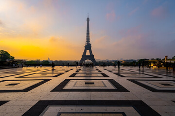 Eiffel Tower, French: Tour Eiffel, silhouette at dawn. View from Trocadero Square with geometrical...