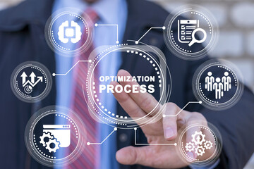 Man using virtual touchscreen presses inscription: OPTIMIZATION PROCESS. Optimization Software Technology Process System Business concept. Strategic planning, risk management. Adjustment of process.