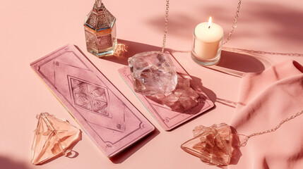 Pink Tarot and Oracle Card Backs on Pink Pastel Backgrounds in a FlatLay Spread with Healing Crystals, Stones, and Candles for a Reading and Divination - Generative AI