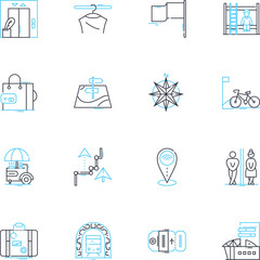 Road atlas linear icons set. Navigation, Directions, Highways, Maps, Interstates, Travel, Roads line vector and concept signs. Destinations,Route,Mileage outline illustrations