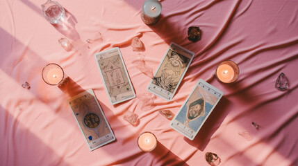 Pink Tarot and Oracle Card Backs on Pink Pastel Backgrounds in a FlatLay Spread with Healing Crystals, Stones, and Candles for a Reading and Divination - Generative AI