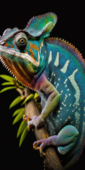 Fototapeta premium A stunning close-up of a chameleon lizard changing colors, with its vibrant hues and intricate skin patterns on full display. . Generative AI