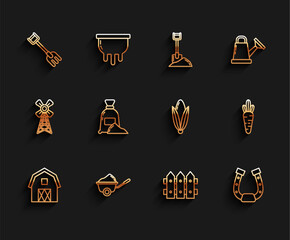 Set line Farm House concept, Wheelbarrow with dirt, Garden rake, fence wooden, Horseshoe, Bag of flour, Carrot and Corn icon. Vector