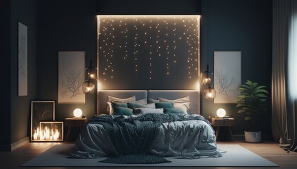 Modern minimalistic interior style bedroom at night with double bed and string of lights. Generative AI