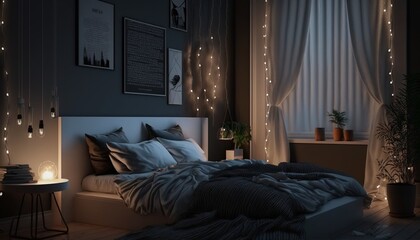 Modern minimalistic interior style bedroom at night with double bed and string of lights. Generative AI