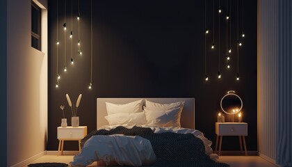 Modern minimalistic interior style bedroom at night with double bed and string of lights. Generative AI