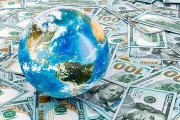 Earth Globe on the dollars background, 3D rendering