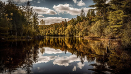 Tranquil scene autumn leaf reflects beauty generated by AI