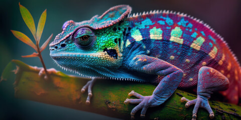 A vibrant chameleon lizard is captured in a close-up shot, showcasing its ability to change colors in a kaleidoscope of vibrant hues. . Generative AI