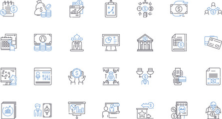 Fiscal realm line icons collection. Budgeting, Revenue, Taxes, Deficit, Surplus, Forecasting, Fiscal year vector and linear illustration. Inflation,Debt,Audit outline signs set - obrazy, fototapety, plakaty