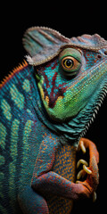 A vibrant chameleon lizard is captured in a close-up shot as it shows off its breathtaking color-changing abilities. . Generative AI