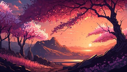 Beautiful japanese landscape with blossoming cherry tree and hills with lake in the sunset. Generative AI