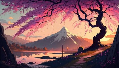 Beautiful japanese landscape with blossoming cherry tree and hills with lake in the sunset. Generative AI