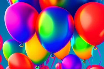 Intricately bright image of rainbow-colored and neon-lit balloons - generative ai