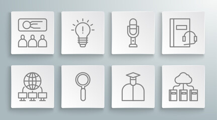 Set line Computer network, Light bulb with concept of idea, Magnifying glass, Student, Cloud online library, Microphone, Audio book and Training, presentation icon. Vector
