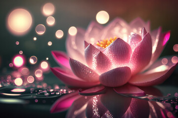 A gorgeous, magical pink lotus flower sits on the calm water, its shiny, blossom lights illuminating the surrounding environment. . Generative AI