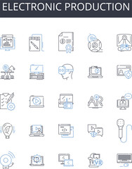 Electronic production line icons collection. Computer manufacturing, Digital fabrication, Video synthesis, Audio processing, Telecom assembly, Circuit design, Cybernetic creation vector and linear