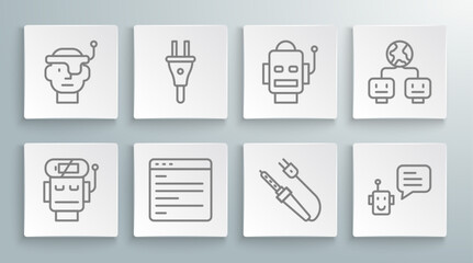 Set line Robot low battery charge, Electric plug, Computer api interface, Soldering iron, Bot, Artificial intelligence and Smart glasses icon. Vector