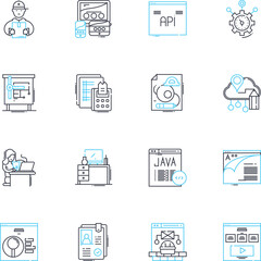 Workstation computer linear icons set. Processor, Graphics, Performance, Multitasking, Speed, Productivity, RAM line vector and concept signs. Storage,Monitor,Keyboard outline illustrations