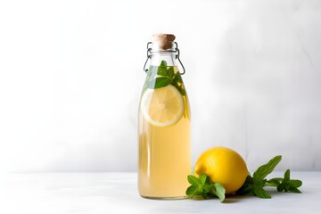 Bottle of kombucha with lemon and mint on white background with copy space. Generative AI.
