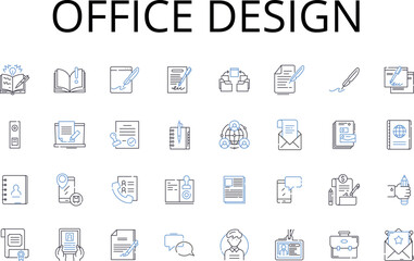 Office design line icons collection. Home decor, Website development, Digital marketing, Web design, Business planning, Graphic design, Creative writing vector and linear illustration. Brand identity