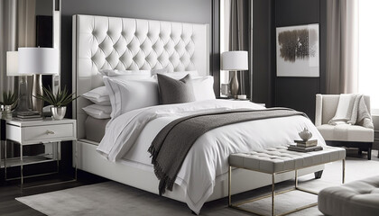 Cozy modern bedroom with luxurious bedding and elegance generated by AI