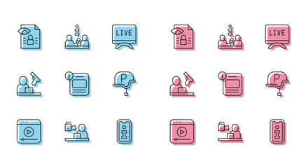 Set line Live stream, Breaking news, Journalistic investigation, Information, War journalist, Crime and Interview icon. Vector