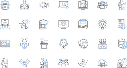 Colloquium line icons collection. Discussion, Seminar, Symposium, Lecture, Conference, Roundtable, Forum vector and linear illustration. Conversation,Debate,Panel outline signs set