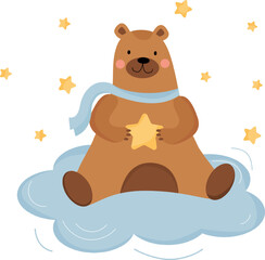 Obraz na płótnie Canvas Cute brown bear is siting on the cloud with a star in his paws. Decoration for children room, card, poster.