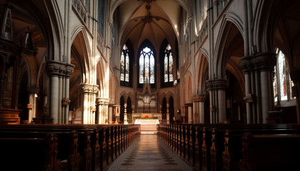Obraz premium Inside historic basilica, praying beneath stained glass windows generated by AI