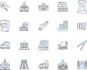 Construction technology line icons collection. Cranes, Excavators, Skyscrapers, Demolition, Scaffolding, Robotics, Drs vector and linear illustration. Prefabrication,Pile-driving,Concrete outline