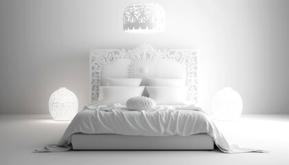 Elegant bedroom with a luxurious white canopy bed, adorned pillows, and intricate designs, offering tranquility, comfort, and sophisticated relaxation. Generative AI