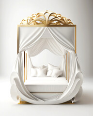 Elegant bedroom with a luxurious white canopy bed, with Gold Details , and intricate designs, offering tranquility, comfort, and sophisticated relaxation. Generative AI