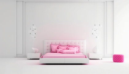 Elegant bedroom with a luxurious white canopy bed, with Pink Details, and intricate designs, offering tranquility, comfort, and sophisticated relaxation. Generative AI