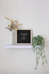 Class of 2023 lettering on a black and tan letter board sitting on a floating shelf with plants. modern home decor grad senior