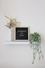 Summer of 2023 lettering on a black and tan letter board sitting on a floating shelf with plants. modern home decor