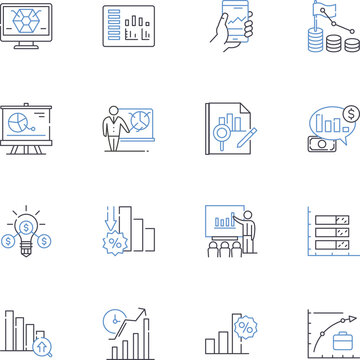 Time Series Analysis line icons collection. Trend, Forecasting, Seasonality, Stationarity, Autocorrelation, Periodicity, Expntial smoothing vector and linear illustration. ARIMA,Moving average,Fourier