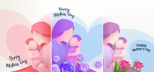 Set of poster design happy mothers day, with illustration of mother and child with love background, Premium design illustration vector background.