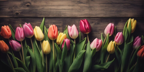 tulips laying on a wooden background