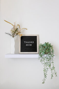 thanks mom lettering on a black and tan letter board sitting on a floating shelf with plants. modern home decor Mother's Day 