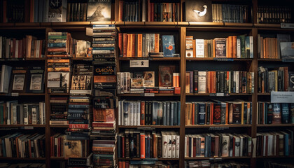 Abundance of wisdom on bookshelf, old fashioned learning generated by AI