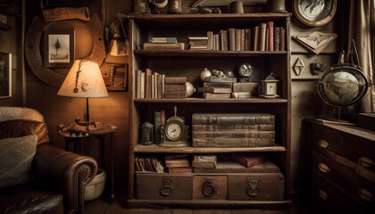 Antique books on wooden shelves, a classic library generated by AI