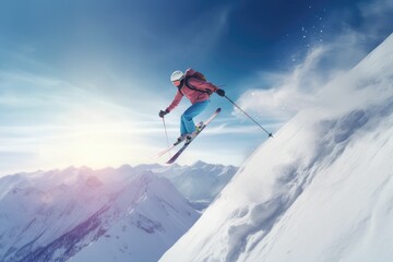 Naklejka na ściany i meble A professional skier in full skiing gear descends down a snowy mountain Generative AI